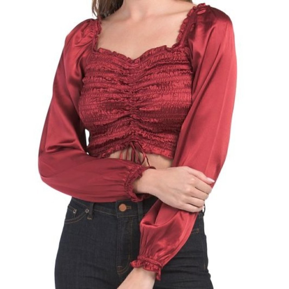 Juniors Ruched Satin Sleeve Top Merlot Cropped Blouse Red Wine Size M